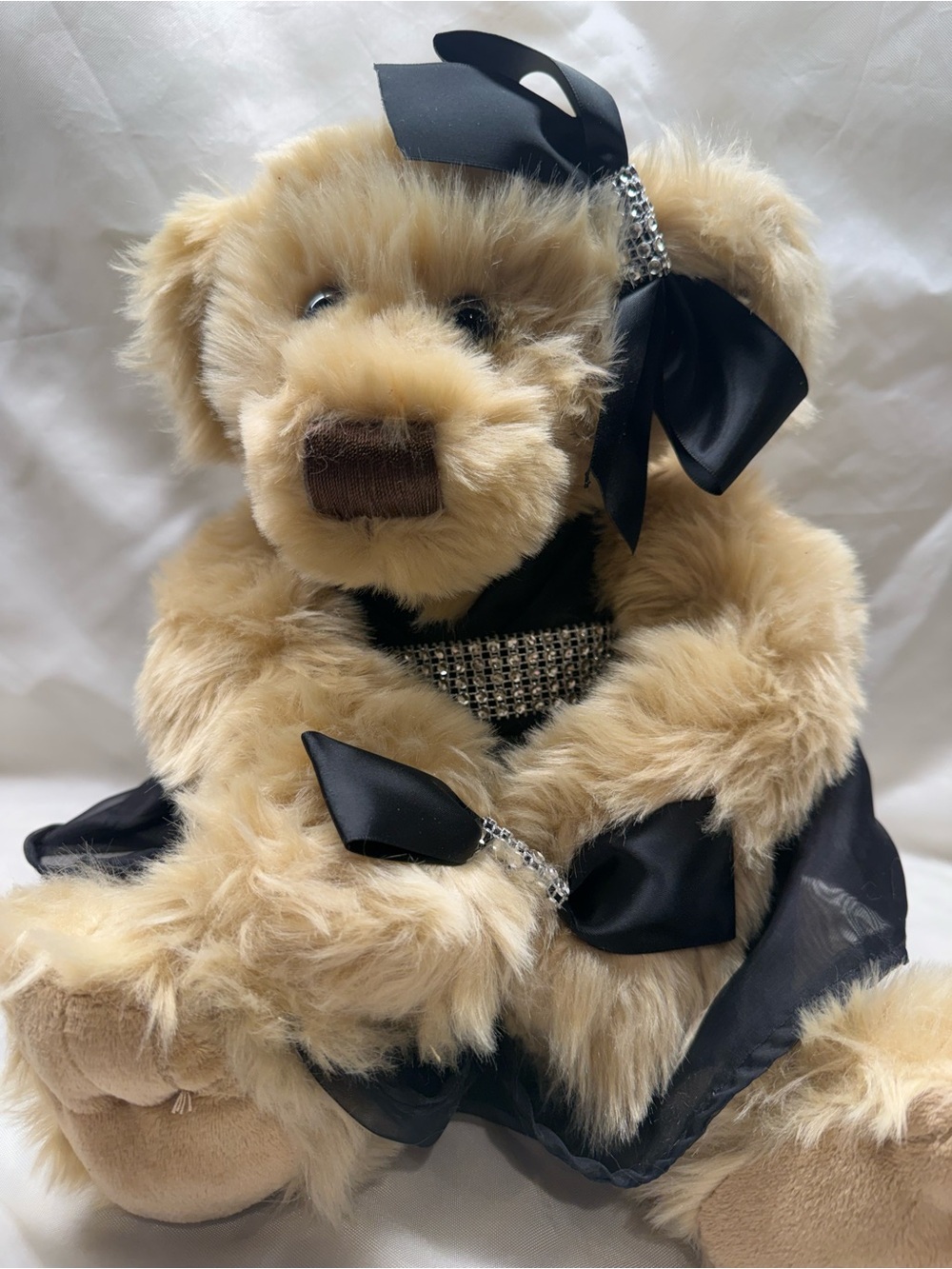 Plush Beige Teddy Bear with Black Satin Dress and Bow